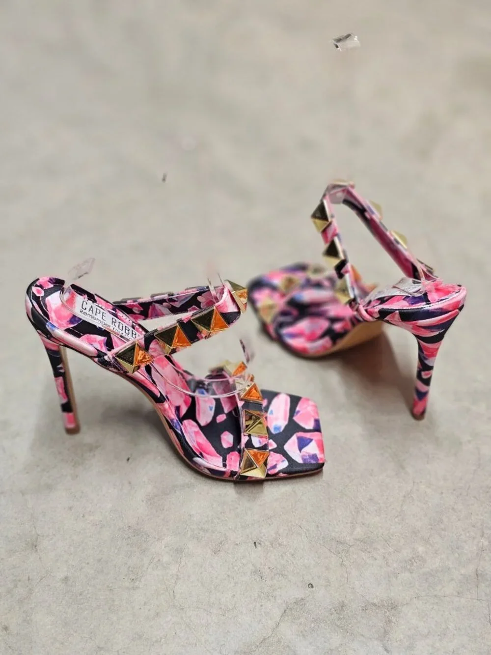 Pink & Gold Studded High Heel Sandals With Floral Pattern Open Toe Stiletto Heel - Picture 10 of 13